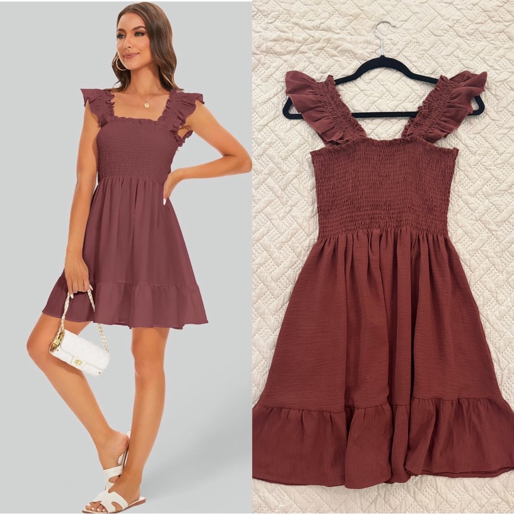 Boho Ruffled Square-Neck Smocked Mini Dress, Soft-Rust Colored, Size XS